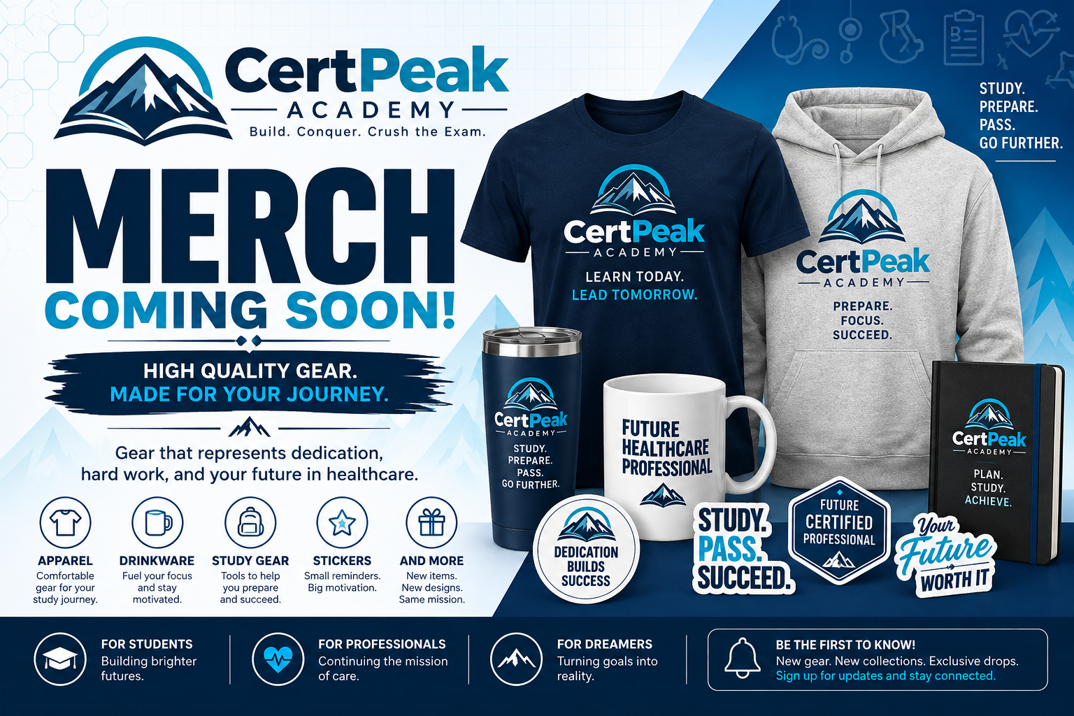 CertPeak Academy Merch — Apparel, drinkware, study gear and more coming soon