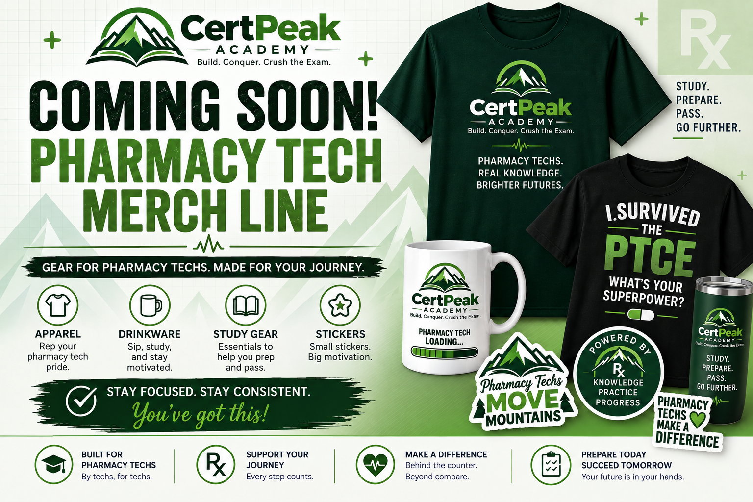 Pharmacy Tech merchandise — I Survived the PTCE shirts, stickers, drinkware and more